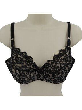 Vintage JCPenney 34C Style 1347 Black Floral Flower Lace Bow Underwire Bra